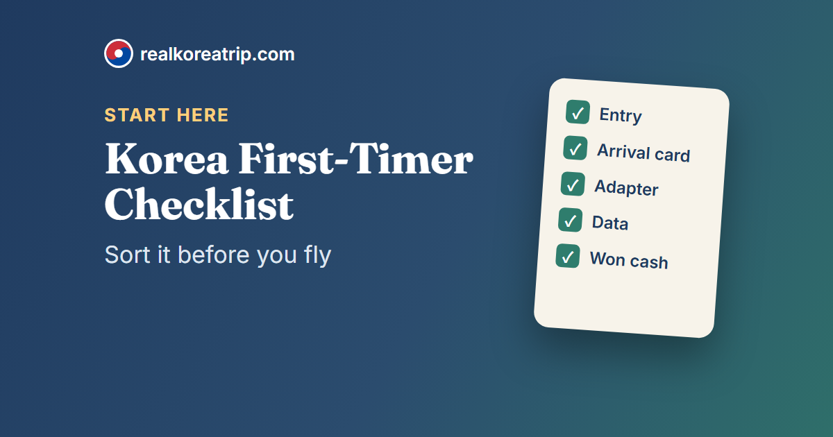 Graphic of a passport, a plug and a phone with the title Korea First-Timer Checklist