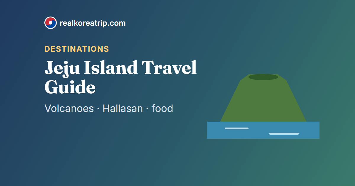 Graphic of a green volcanic cone above the sea with the title Jeju Island Travel Guide