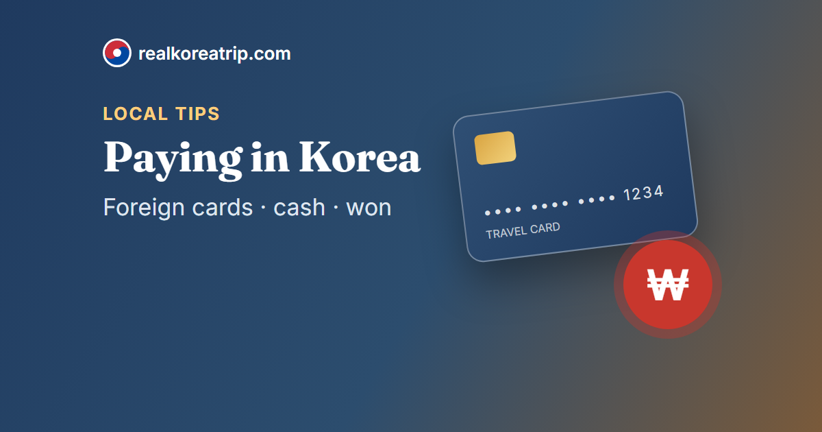 Graphic with a payment card and the Korean won sign, titled Paying in Korea