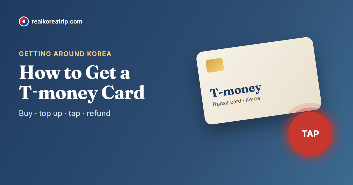 Illustration of a T-money transit card beside a red TAP symbol